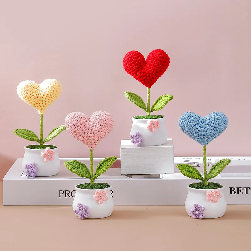 Handmade crochet heart shape potted stuffed plants finished woven bouquet home desktop decor christmas graduation gifts 2