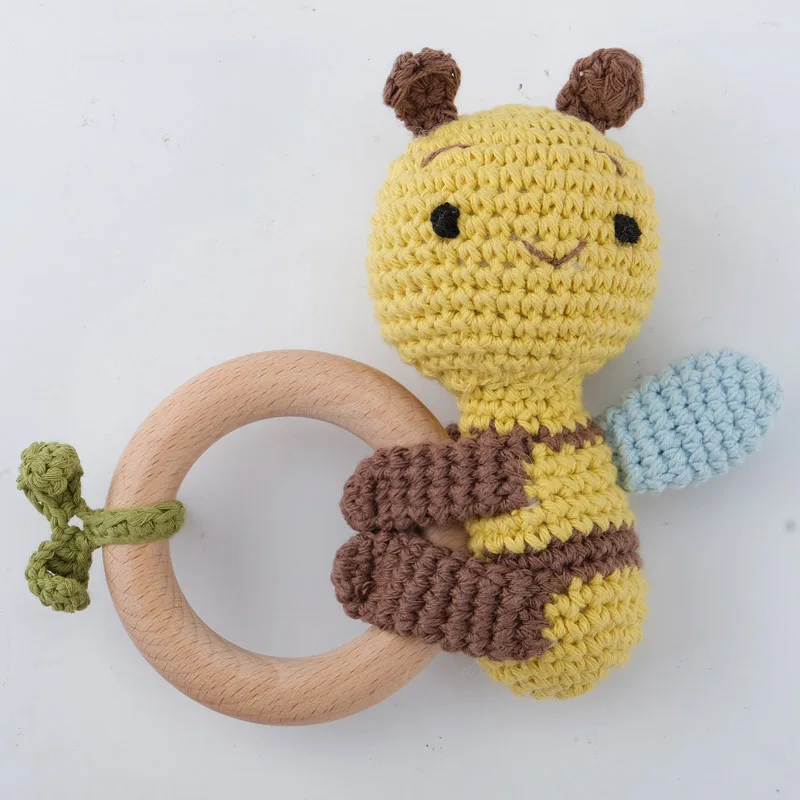 1pc bpa free diy crochet elk fox bee baby teether wooden teether ring rattle newborn teething nursing soother molar educational 4