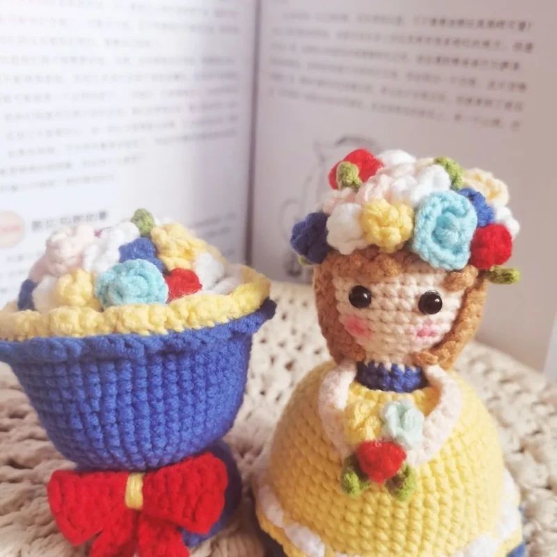 Handmade crochet cross dressing bride doll knitted finished flower bouquet decoration girls birthday gift knitting supplies 5