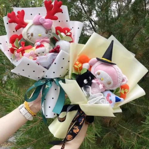 Cartoon anime hallowmas my melody kouromi stuffed animals plush toy with roses creative bouquets christmas hallowmas gifts 1