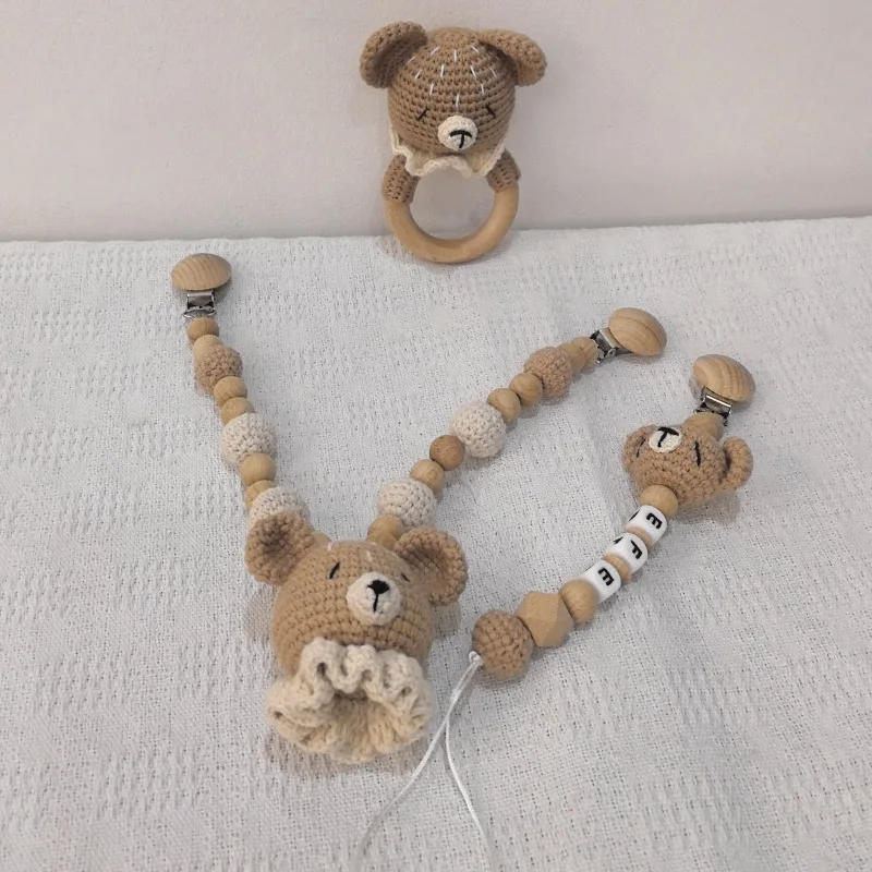 Personaliza baby wood crochet stroller toys bear bed hanging rattle toy animal pendant bead bracelet baby crib mobile rattle toy 5