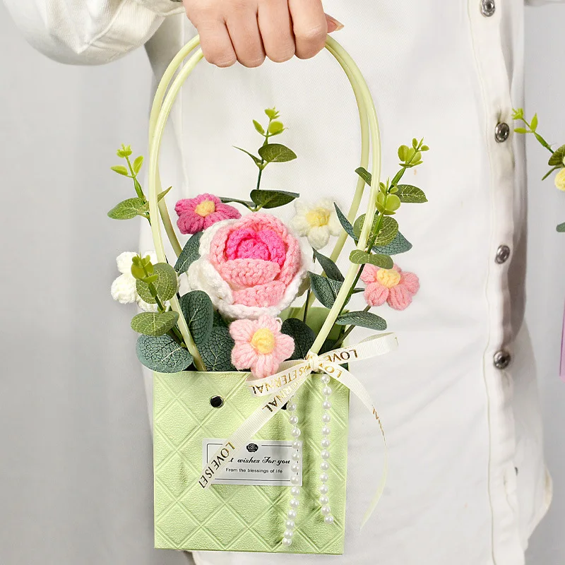 New style crochet sunflowers roses carnation plush plants finished knitted handbag bouquets valentine birthday graduation gifts 4