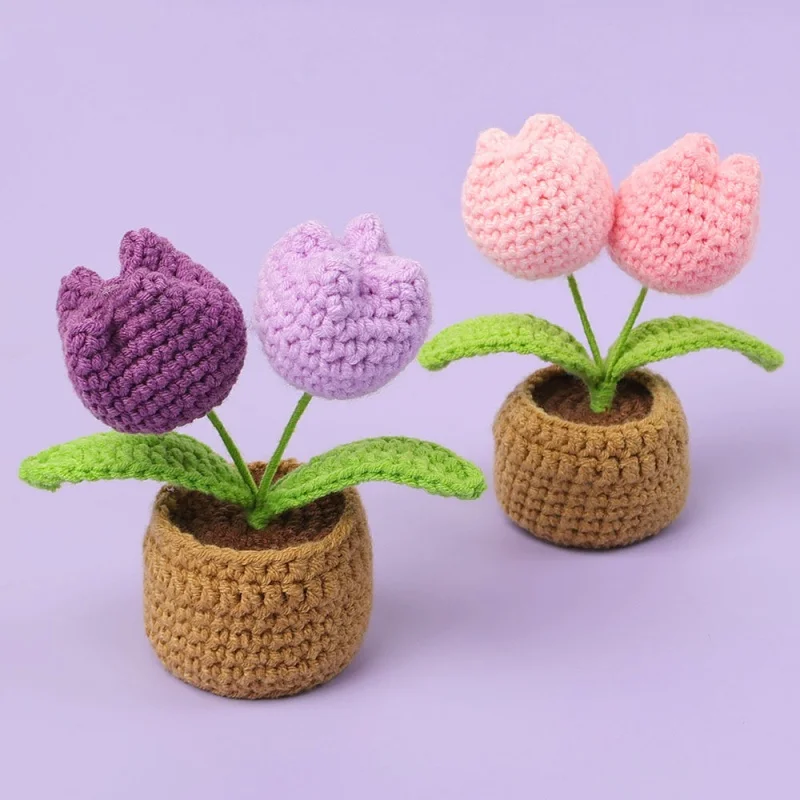 12cn mini finished woven crochet tulip potted stuffed plants home table decoration mother valentine christmas graduation gifts 4