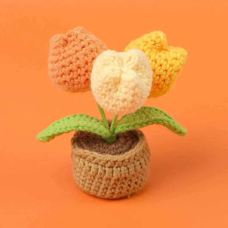 12cn mini finished woven crochet tulip potted stuffed plants home table decoration mother valentine christmas graduation gifts 6