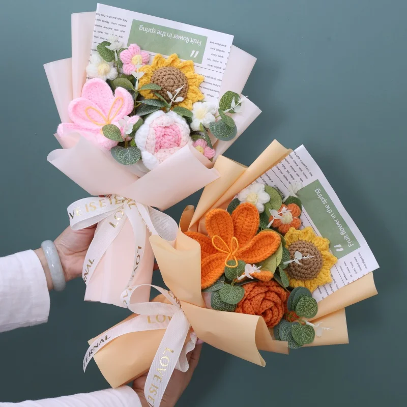 Rose sunflowers tulip artificial flowers crochet finished knitted bouquets valentine mothers' day birthday graduation gift 5