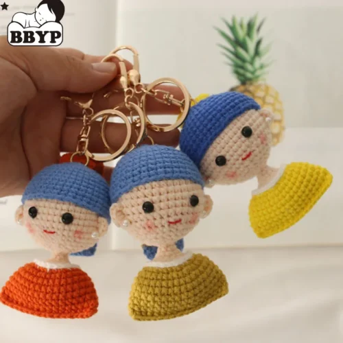 Cute mini plush toy phone chain hand woven knitted pearl girl doll pendant jewelry for girls kawaii key pendant bag decoration 1