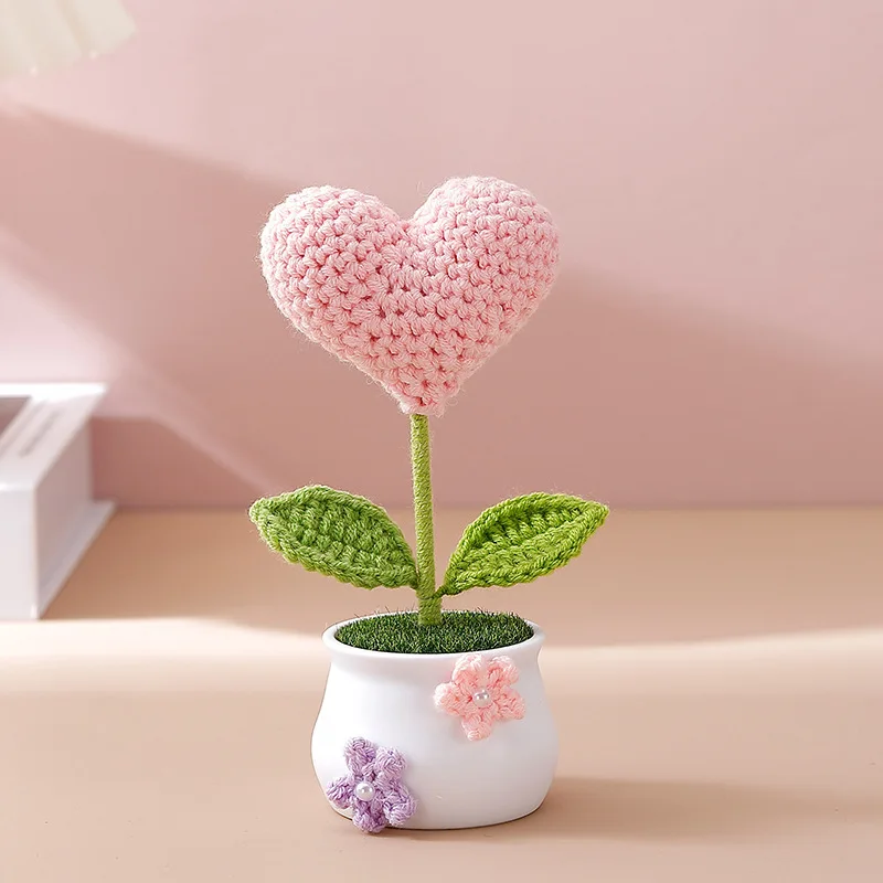 Handmade crochet heart shape potted stuffed plants finished woven bouquet home desktop decor christmas graduation gifts 6