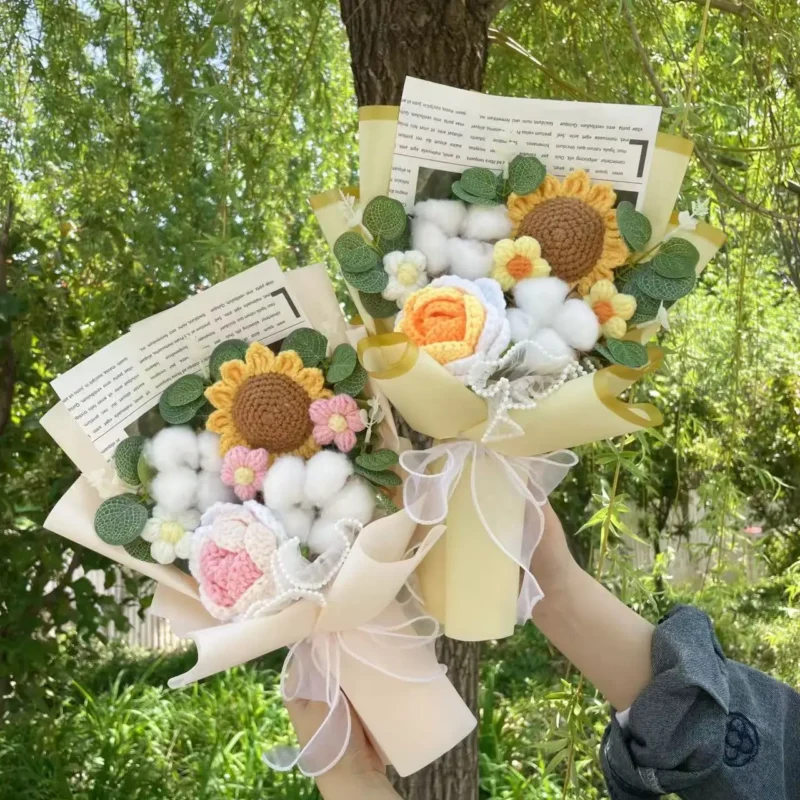 Artificial rose sunflowers tulip carnations finished knitted crochet bouquets gifts for valentine mothers birthday graduation 2