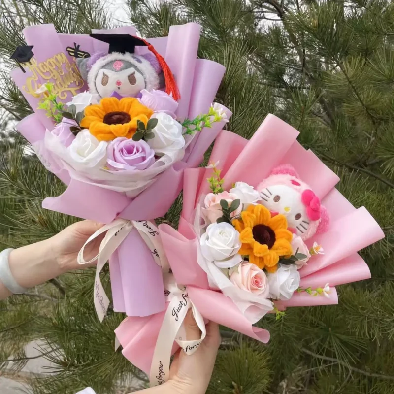 Cartoon my melody kuromi cinnamoroll kt cat plush doll holding flower bouquet valentine's day christmas graduation birthday gift 2