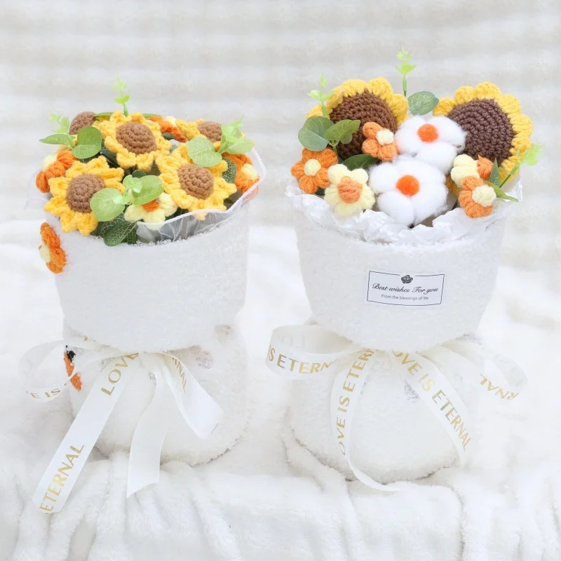 Artificial flowers sunflowers strawberries stuffed plants finished knitted crochet bouquets gifts for valentine mothers birthday 5