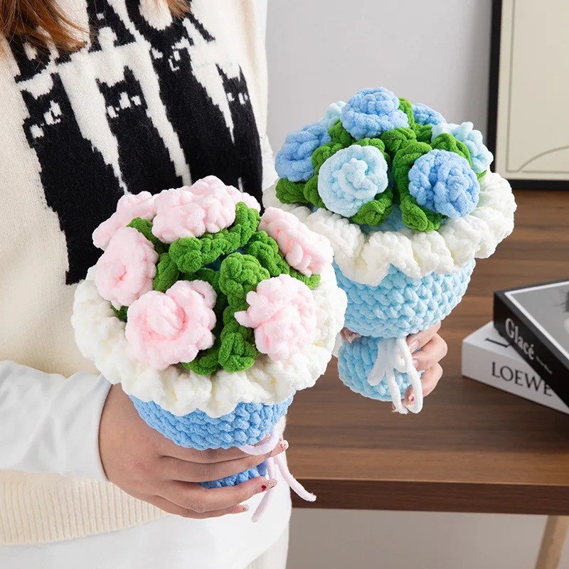 Rose sunflowers plush plants crochet finished knitted creative holding bouquets valentine mothers' day birthday graduation gift 2