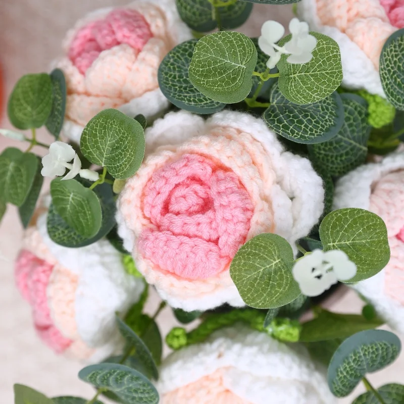 Artificial flowers sunflowers roses stuffed plants finished knitted crochet hug bucket bouquets valentine mothers birthday gifts 6