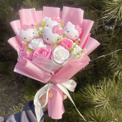 Cartoon hellokitty cat with artificial flowers plush doll toy bridal bouquet flower bouquet valentine christmas graduation gifts 1