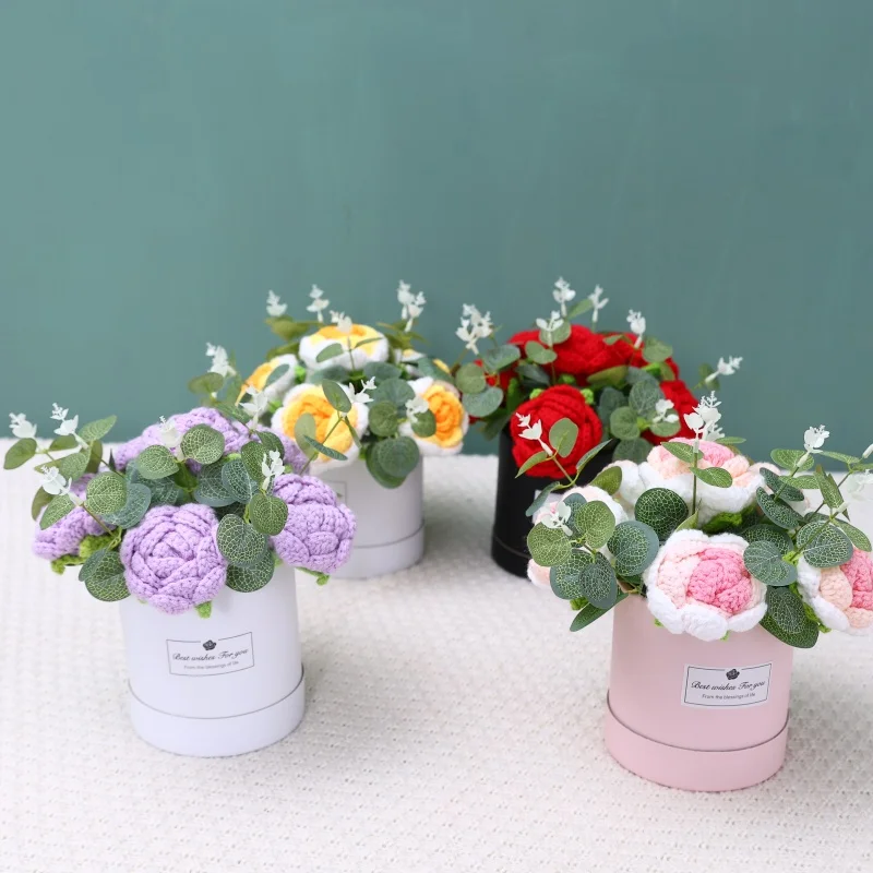 Artificial flowers sunflowers roses stuffed plants finished knitted crochet hug bucket bouquets valentine mothers birthday gifts 3