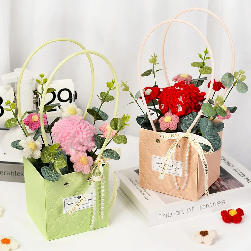 New style crochet sunflowers roses carnation plush plants finished knitted handbag bouquets valentine birthday graduation gifts 3