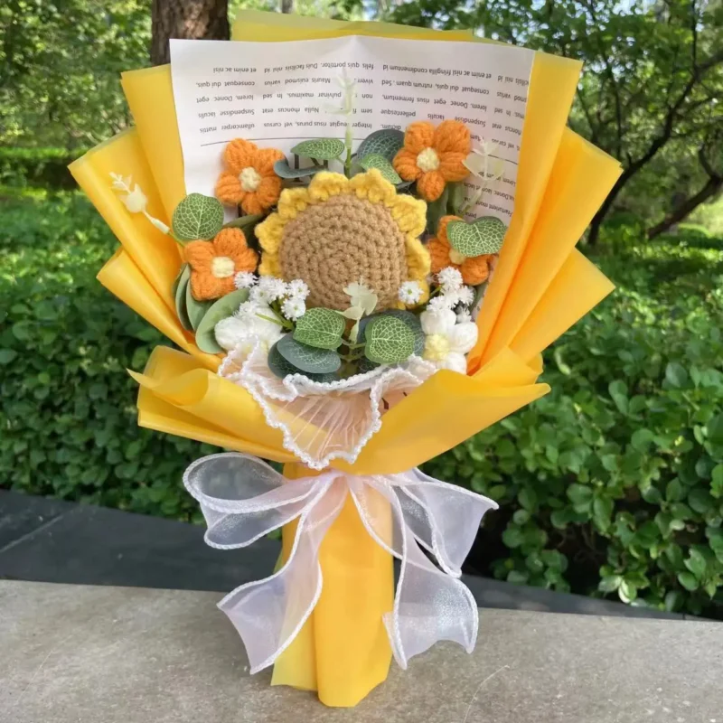 Finished knitted rose sunflowers carnations crochet handmade bouquets valentine mothers' day birthday graduation gift 4
