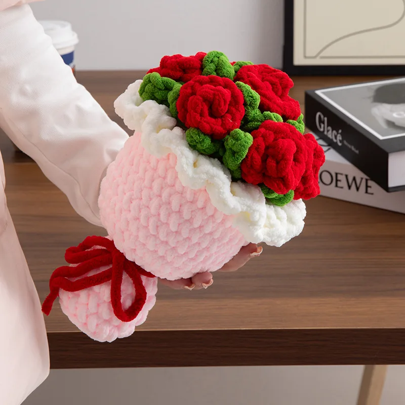 Rose sunflowers plush plants crochet finished knitted creative holding bouquets valentine mothers' day birthday graduation gift 4