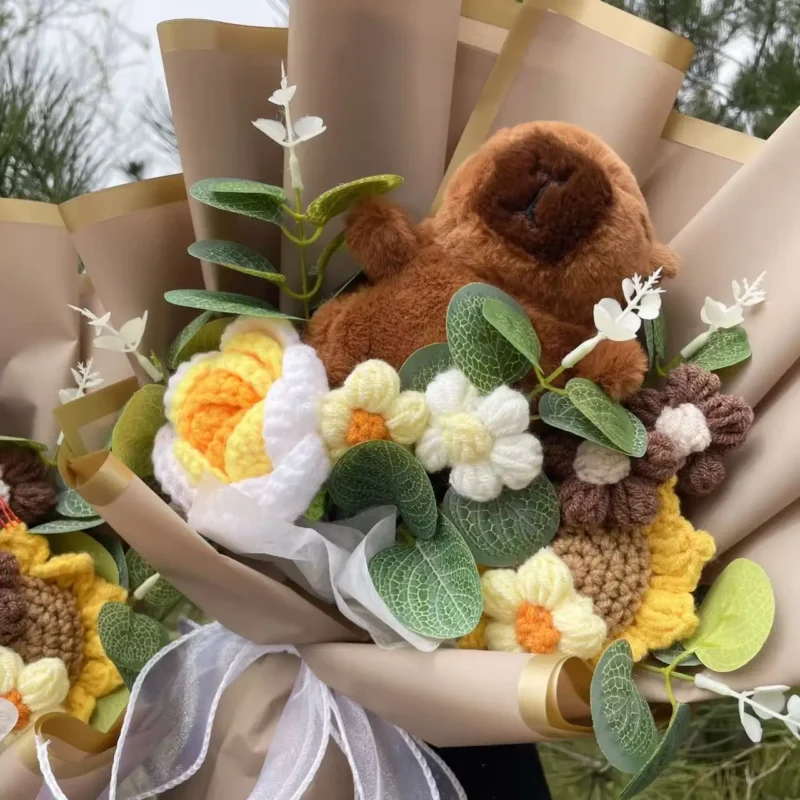 Kapibala plush animals with crochet roses sunflowers creative flower bouquets soft doll christmas graduation birthday gifts 4