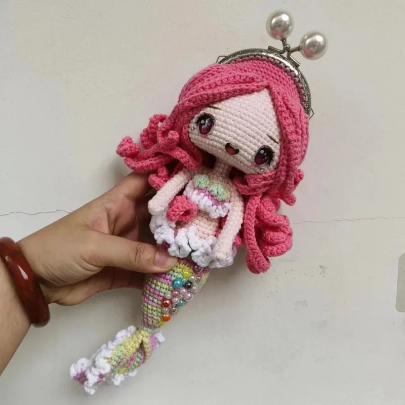 Handmade mermaid doll bag finished knitting and crochet cartoon dolly metal opening crochet satchel bag children's gift for girl 3