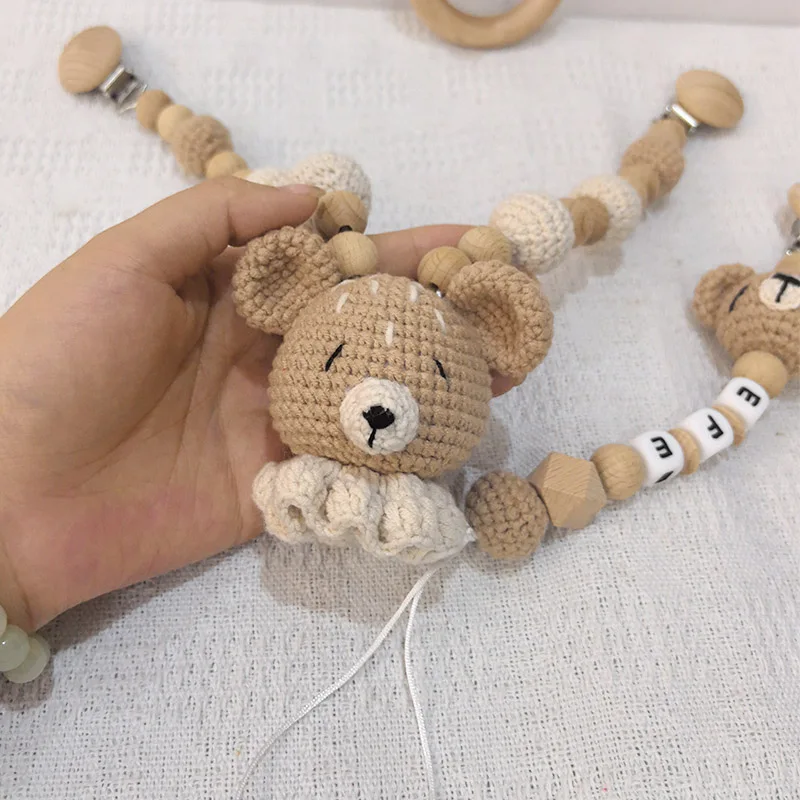 Personaliza baby wood crochet stroller toys bear bed hanging rattle toy animal pendant bead bracelet baby crib mobile rattle toy 3