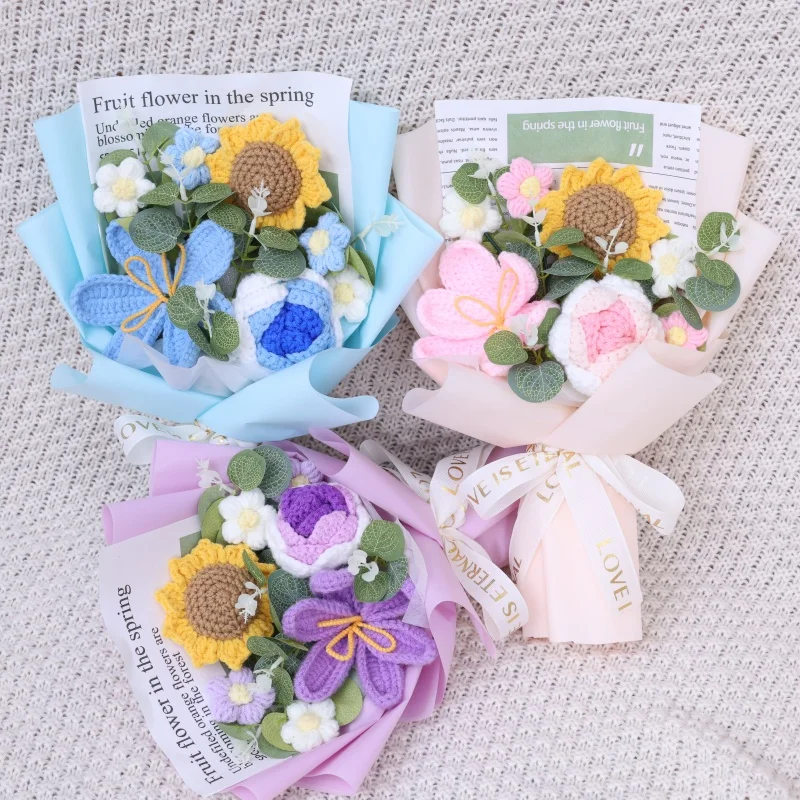 Rose sunflowers tulip artificial flowers crochet finished knitted bouquets valentine mothers' day birthday graduation gift 4