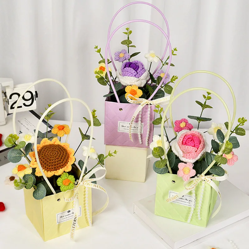 New style crochet sunflowers roses carnation plush plants finished knitted handbag bouquets valentine birthday graduation gifts 1