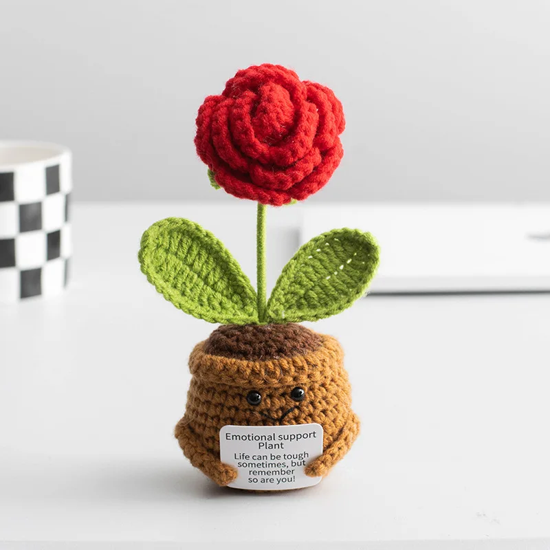 Finished woven crochet roses sunflowers potted emotional support stuffed plants mother valentine christmas graduation gifts 4