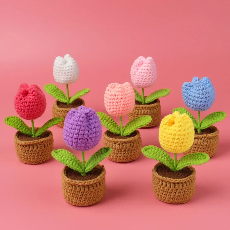 12cn mini finished woven crochet tulip potted stuffed plants home table decoration mother valentine christmas graduation gifts 5