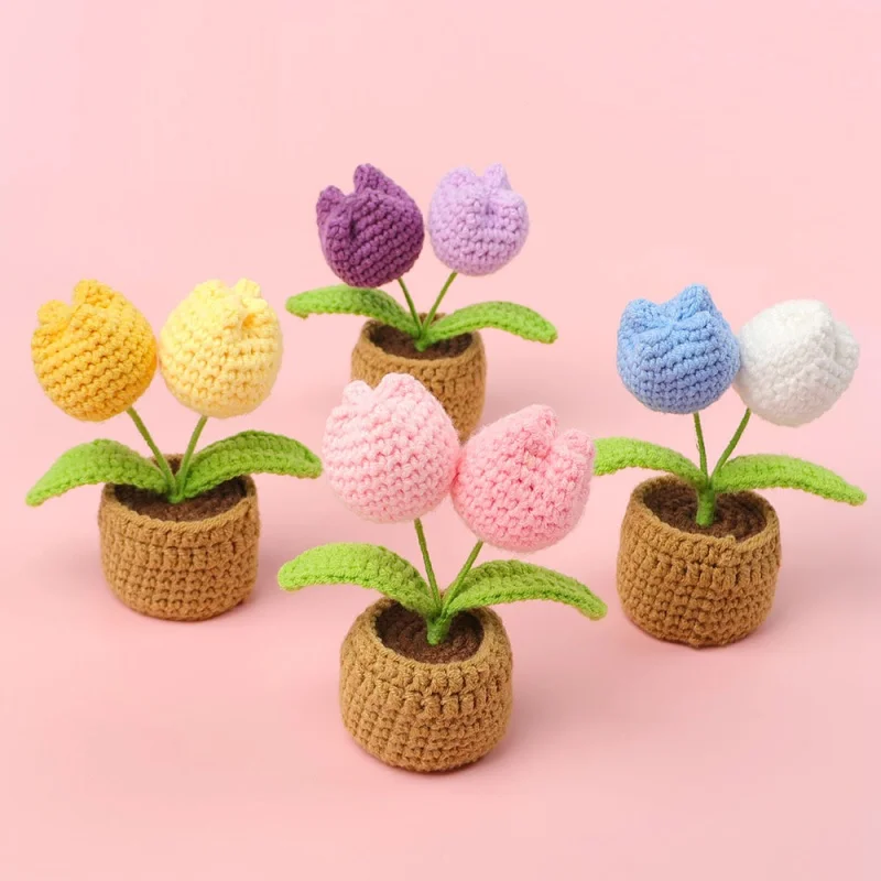 12cn mini finished woven crochet tulip potted stuffed plants home table decoration mother valentine christmas graduation gifts 3
