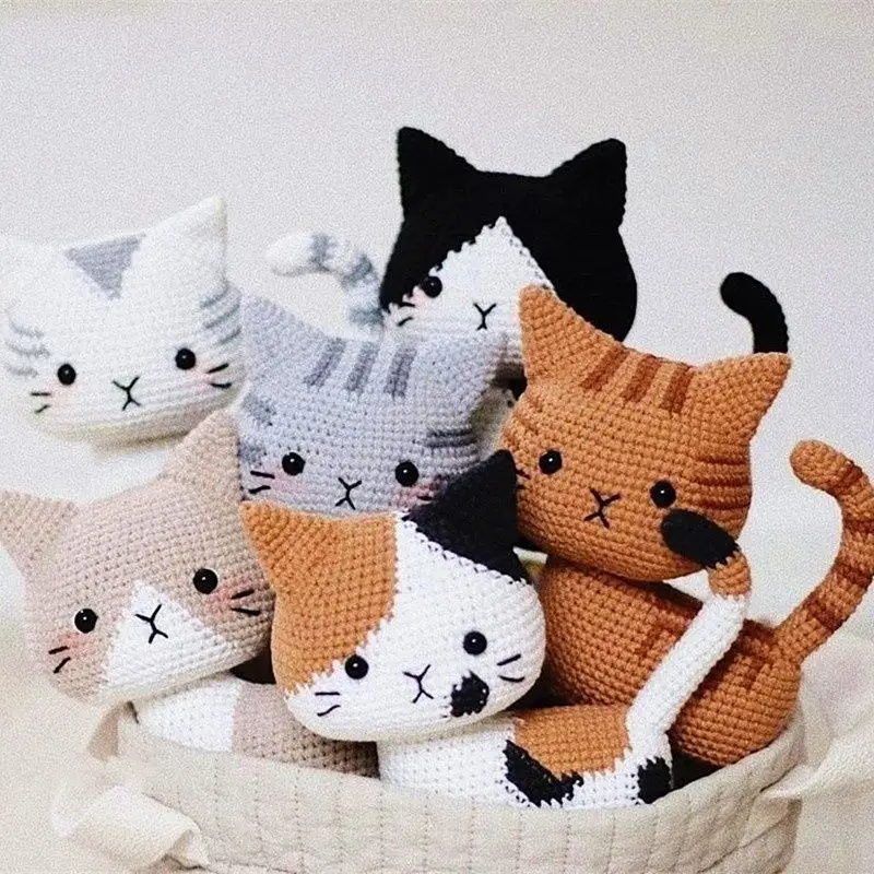 Handmade woven cat diy material bag wool crochet knitted cute little flower cat ornament doll creative gift material bag 1