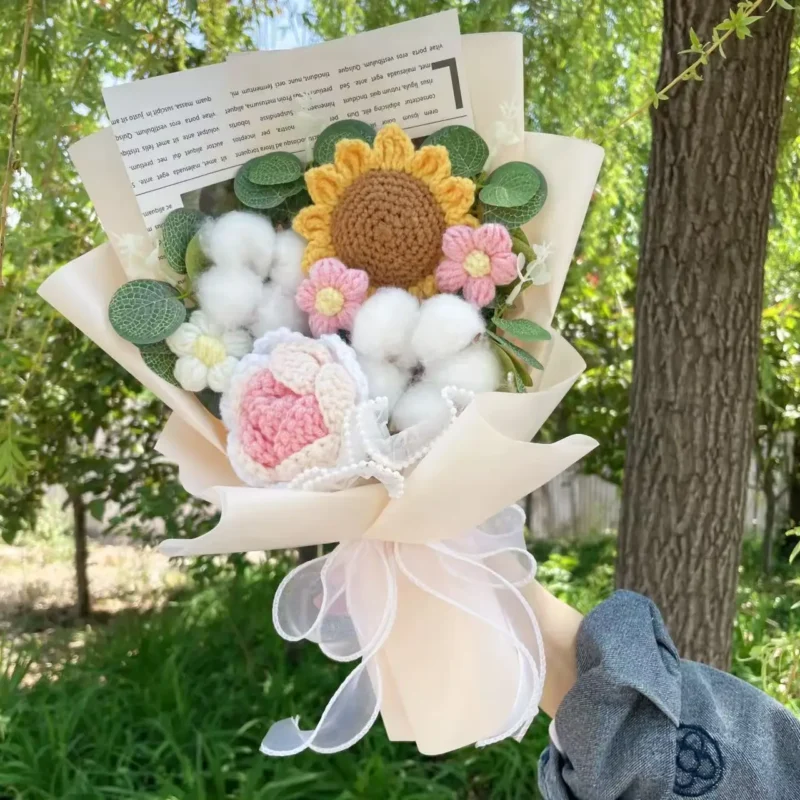 Artificial rose sunflowers tulip carnations finished knitted crochet bouquets gifts for valentine mothers birthday graduation 6