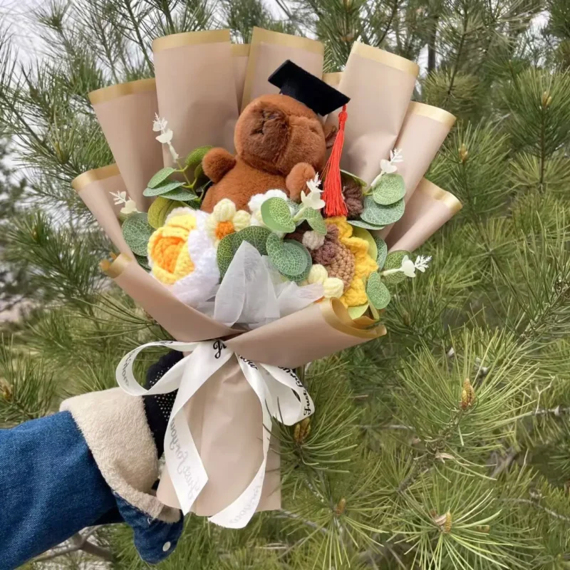 Kapibala plush animals with crochet roses sunflowers creative flower bouquets soft doll christmas graduation birthday gifts 5