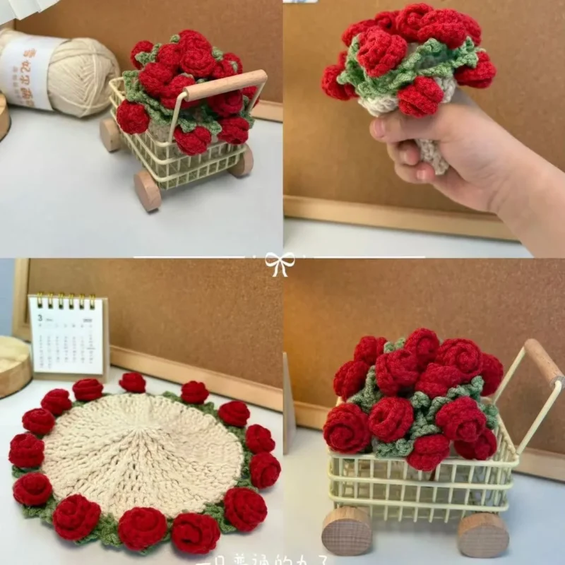 Handmade hook flower crochet rose coaster knitting crafts diy yarn crafting supplies creativity desktop decoration holiday gifts 2