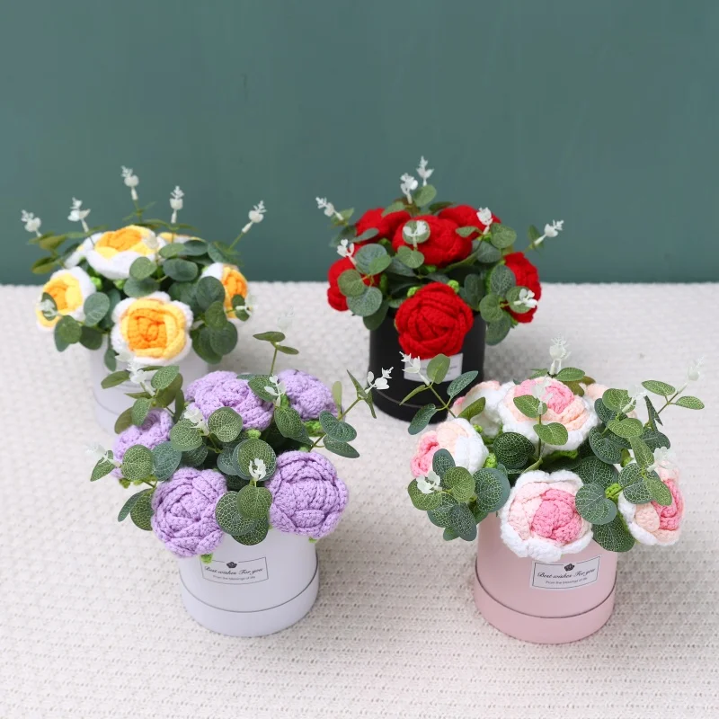 Artificial flowers sunflowers roses stuffed plants finished knitted crochet hug bucket bouquets valentine mothers birthday gifts 2