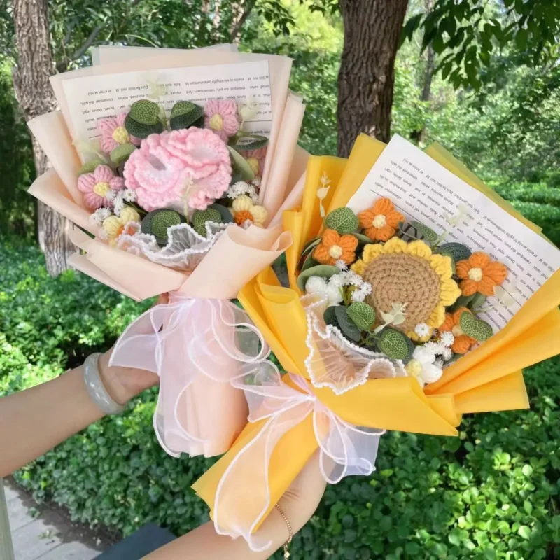 Finished knitted rose sunflowers carnations crochet handmade bouquets valentine mothers' day birthday graduation gift 2