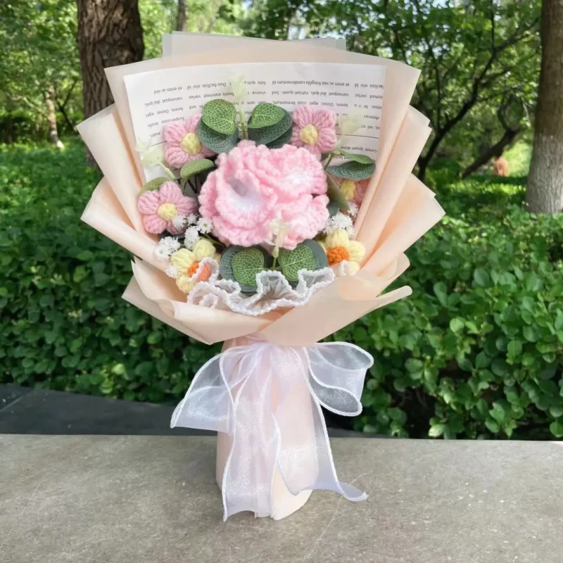 Finished knitted rose sunflowers carnations crochet handmade bouquets valentine mothers' day birthday graduation gift 5