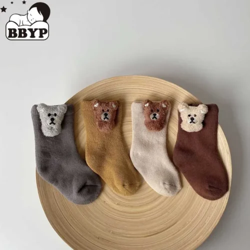 4 pairs baby boys winter socks cute cartoon bear kids spring autumn cotton breathable keep warm floor anti skid girls socks 0 3y 1