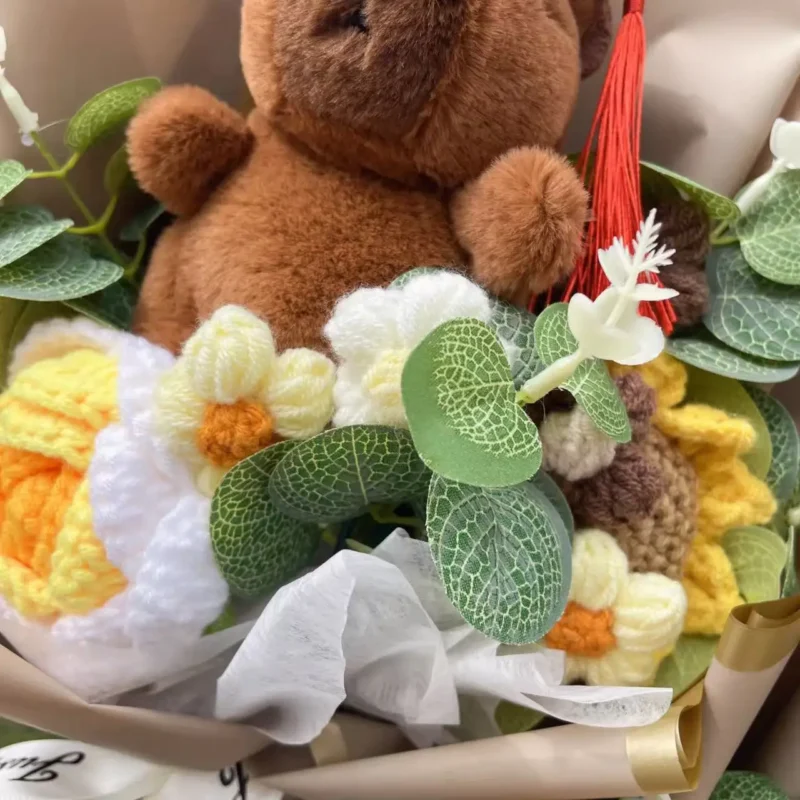 Kapibala plush animals with crochet roses sunflowers creative flower bouquets soft doll christmas graduation birthday gifts 6