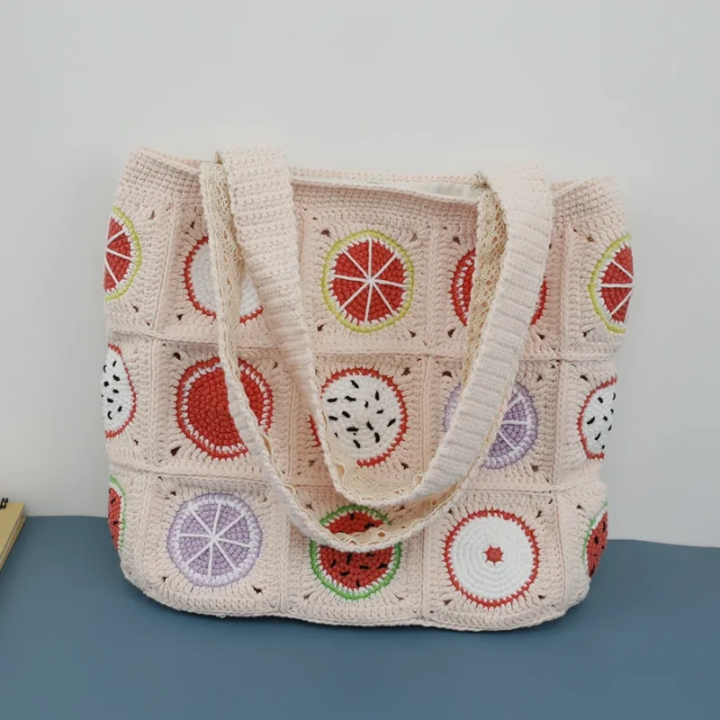 Diaper bag large capacity portable baby stroller bag organizer handmade crochet fruit mommy maternity shoulder bag 4