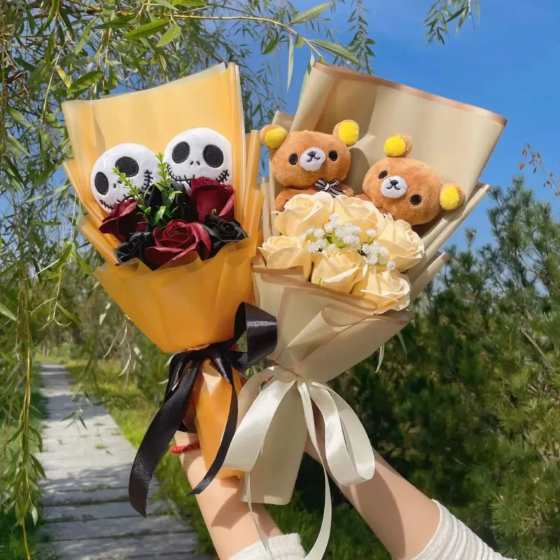 Cartoon anime kt cat stitch halloween jack skellington plush dolls flower bouquets graduation birthday christmas valentine gifts 4