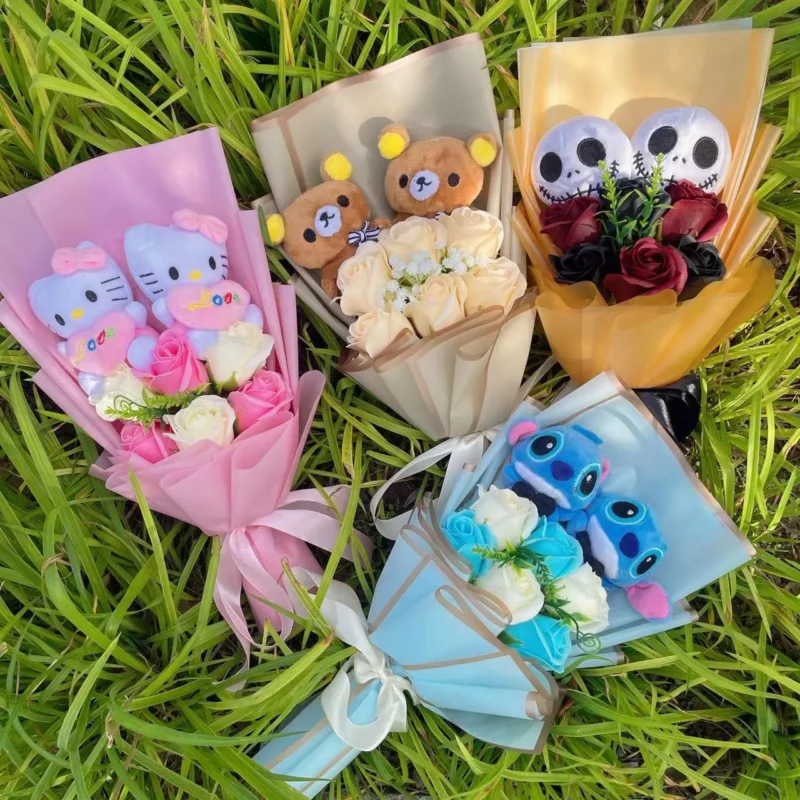 Cartoon anime kt cat stitch halloween jack skellington plush dolls flower bouquets graduation birthday christmas valentine gifts 2