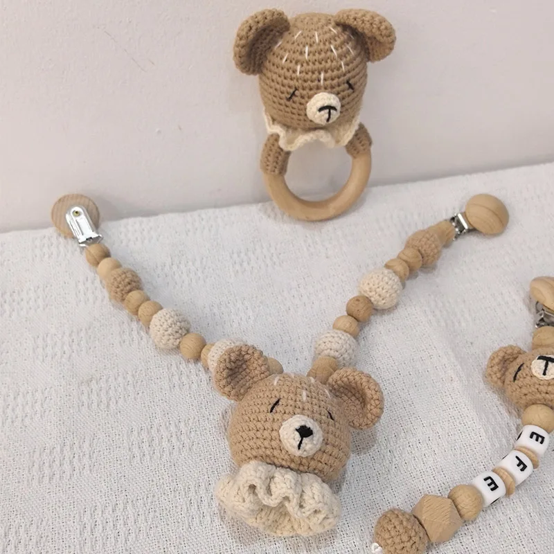 Personaliza baby wood crochet stroller toys bear bed hanging rattle toy animal pendant bead bracelet baby crib mobile rattle toy 4
