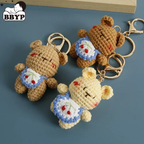Mini handmade creative crochet stuffed key chain kawaii knitted cartoon bear doll key ring pendant car schoolbag keychain 1