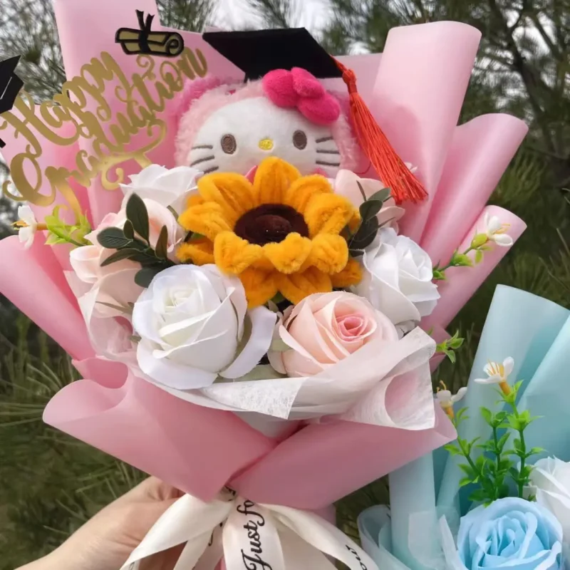 Cartoon my melody kuromi cinnamoroll kt cat plush doll holding flower bouquet valentine's day christmas graduation birthday gift 5