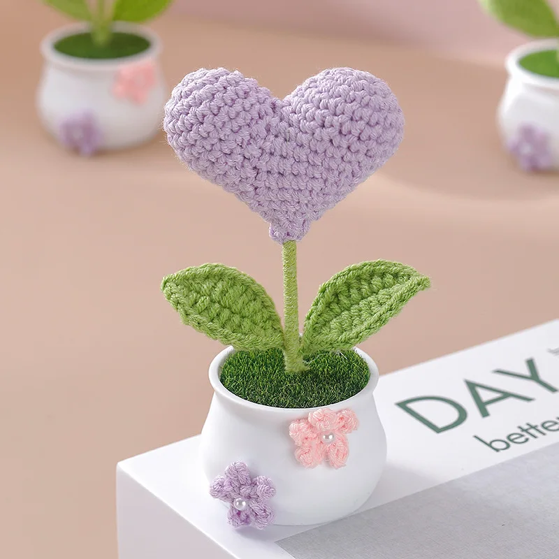 Handmade crochet heart shape potted stuffed plants finished woven bouquet home desktop decor christmas graduation gifts 4