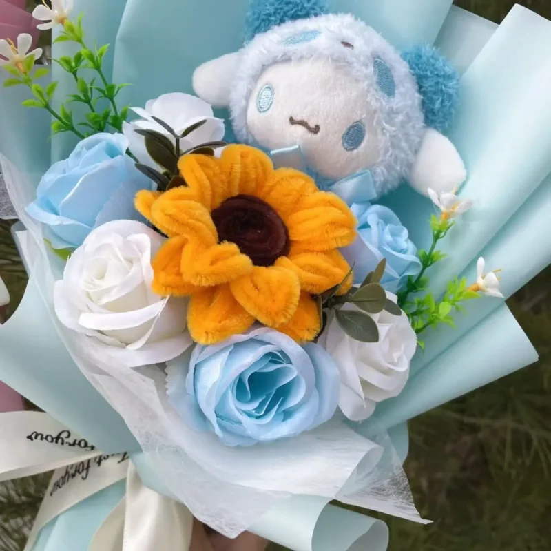 Cartoon my melody kuromi cinnamoroll kt cat plush doll holding flower bouquet valentine's day christmas graduation birthday gift 6
