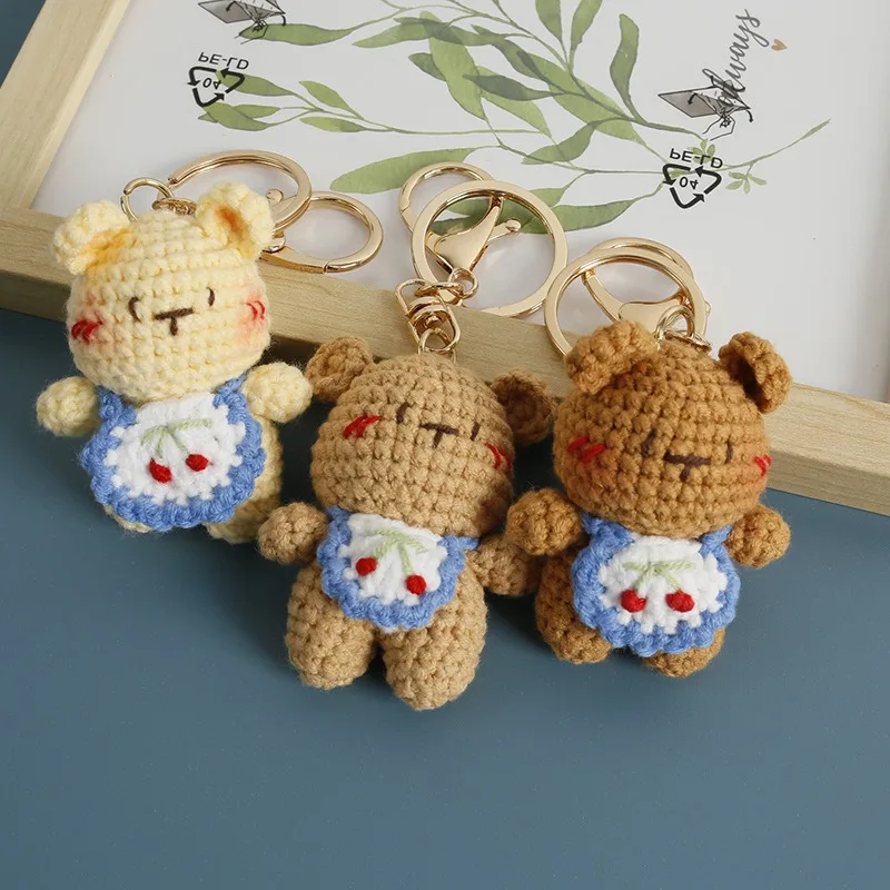 Mini handmade creative crochet stuffed key chain kawaii knitted cartoon bear doll key ring pendant car schoolbag keychain 2