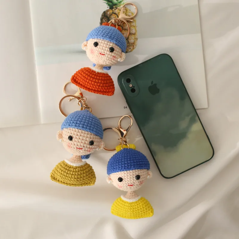 Cute mini plush toy phone chain hand woven knitted pearl girl doll pendant jewelry for girls kawaii key pendant bag decoration 5