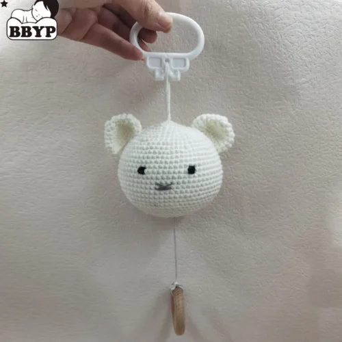 Handmade crochet bear animal head knitting rattle with music diy baby infant newborn teether sensory toy 1