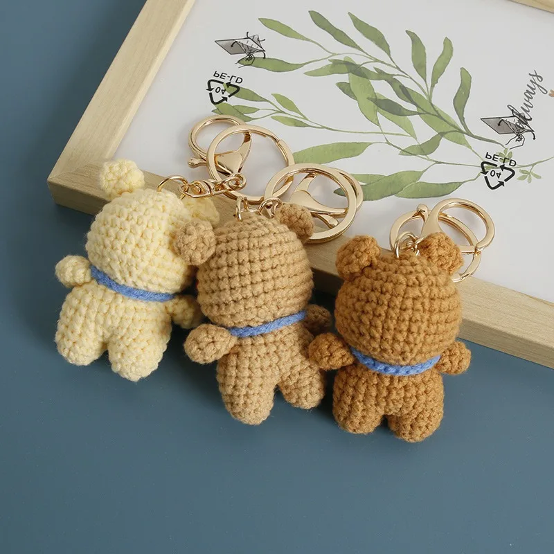 Mini handmade creative crochet stuffed key chain kawaii knitted cartoon bear doll key ring pendant car schoolbag keychain 3